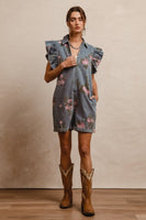 BiBi Washed Floral Print Zip Up Front Romper in Denim