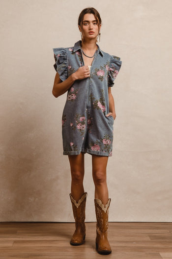 BiBi Washed Floral Print Zip Up Front Romper in Denim