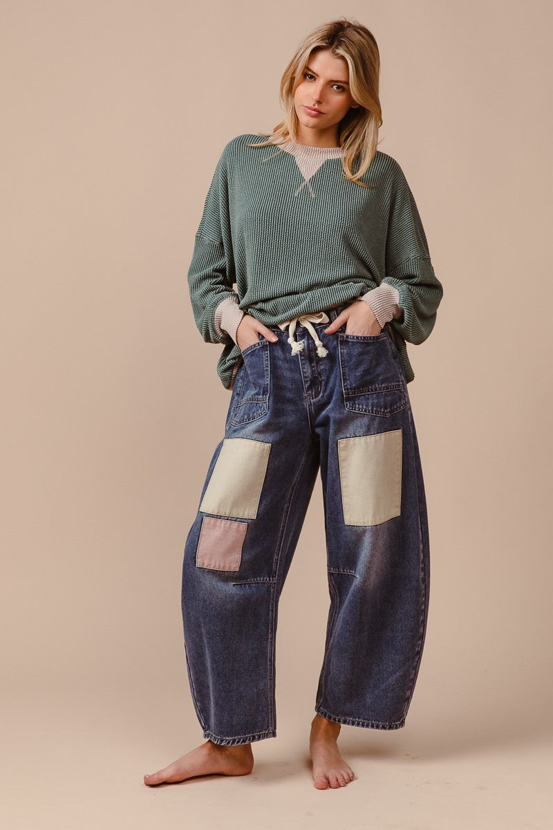 BiBi Multi Colored Patchwork Denim Barrel Jeans in Denim