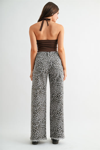 Mica Denim High Rise High-Rise Wide Leg Frayed Hem Leopard Pants in Schooner