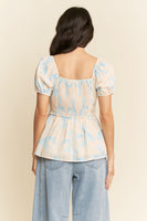 Davi & Dani Bow Print Peplum Top in Blue