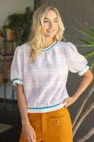 VOY Stripe Band Detail Fuzzy Textured Plaid Top in Pink