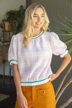 Load image into Gallery viewer, VOY Stripe Band Detail Fuzzy Textured Plaid Top in Pink
