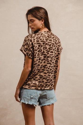 BiBi Leopard Print Baize Knit Top in Beige/Brown