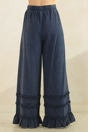 Mittoshop Mineral Washed Ruffle Trim Wide Leg Pants in New Blueberry