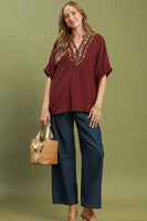 Umgee Leopard Trim Dolman Sleeve Blouse in Burgundy