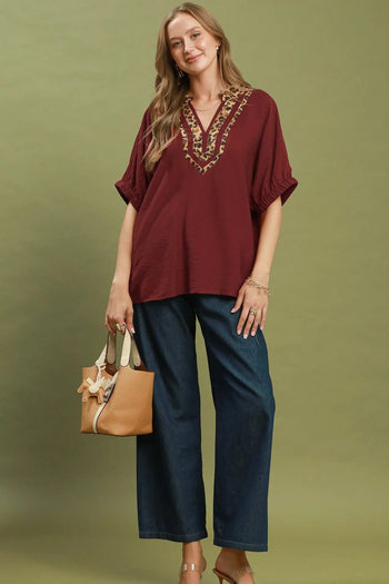 Umgee Leopard Trim Dolman Sleeve Blouse in Burgundy