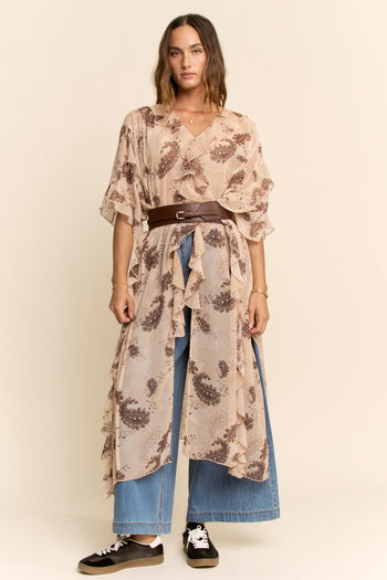 Davi & Dani Printed Chiffon Kimono in Beige