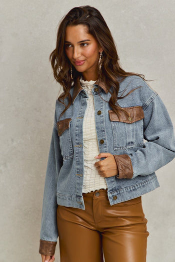 So Me Denim Jacket with Contrasting Faux Leather Details in Denim/Brown