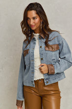 Load image into Gallery viewer, So Me Denim Jacket with Contrasting Faux Leather Details in Denim/Brown

