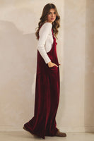 LovLov Solid Color Velvet Overalls in Burgundy Red