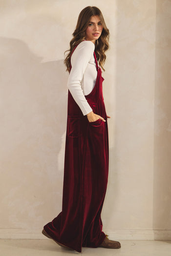 LovLov Solid Color Velvet Overalls in Burgundy Red
