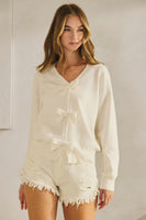 LovLov Solid Color Knit Cardigan with Bow Front Details in Ivory