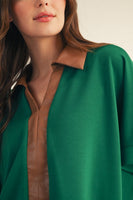 Jodifl Faux Leather Accent Drop Shoulder Solid Top in Green