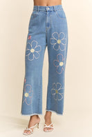 Davi & Dani Denim Cropped Pants with Flower Embroidery in Denim Blue