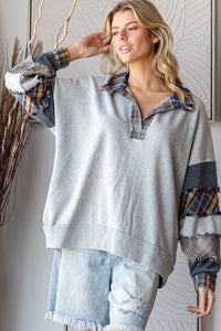 Oli & Hali OVERSIZED Top with Patchwork Detailed Sleeves in Heather Grey