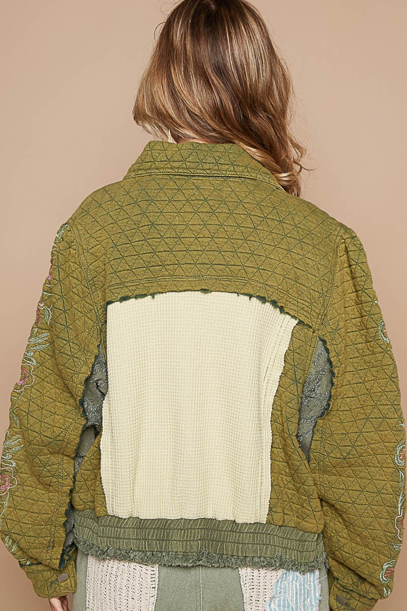 POL Quilted Jacket with Embroidered Sleeves in Basil Multi – June Adel