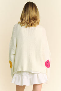 Davi & Dani Open Front Cardigan with Smiley Face Patches in White