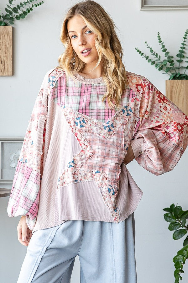 Oli & Hali Oversized Mixed Fabric Star Patched Top in Pink – June Adel