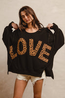 BiBi OVERSIZED Solid Color Top with Leopard "LOVE" Letter Patches in Black