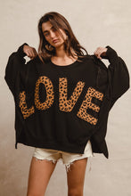 Load image into Gallery viewer, BiBi OVERSIZED Solid Color Top with Leopard &quot;LOVE&quot; Letter Patches in Black
