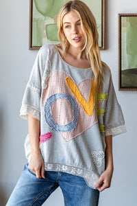 Oli & Hali "LOVE" Patchwork Lettering Top in Light Blue