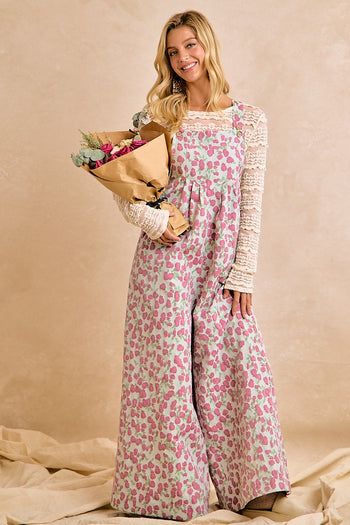 BiBi Jacquard Vintage Floral Overalls in Red