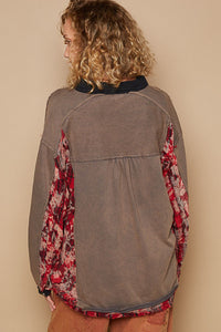 POL French Terry Top with Contrasting Color and Plaid Details in Charcoal