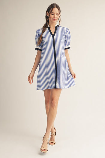 Jodifl Striped Button Front Puff Sleeve Dress in Blue