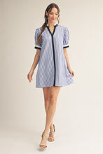 Load image into Gallery viewer, Jodifl Striped Button Front Puff Sleeve Dress in Blue
