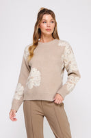 Allie Rose Knit Flower Pattern Sweater with Rhinestones in Almond
