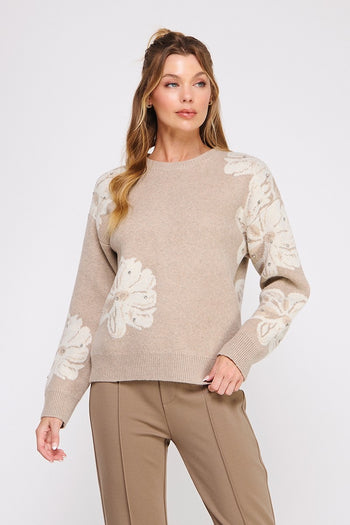 Allie Rose Knit Flower Pattern Sweater with Rhinestones in Almond