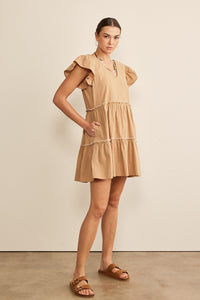 In February Solid Color Tiered Babydoll Dress in Mocha/Cream