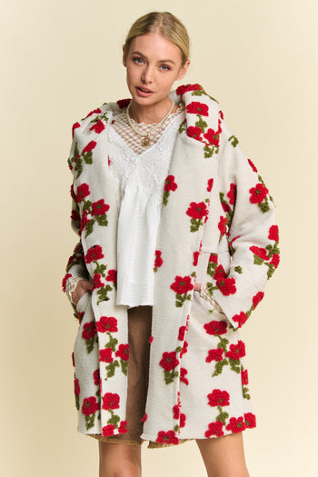 Davi & Dani Chunky Floral Embroidery Hooded Jacket in White