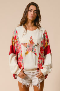 BiBi Mix n Match Knit and Print Top with Star Patch on Front in Oatmeal/Rust