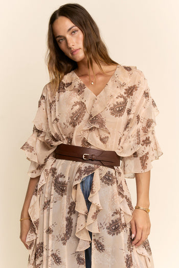 Davi & Dani Printed Chiffon Kimono in Beige