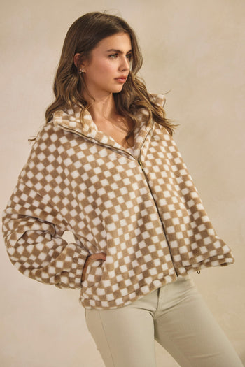 LovLov Fuzzy Fleece Checkered Jacket in Mocha