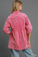 Umgee Stone Washed Corduroy Tunic Top in Hot Pink