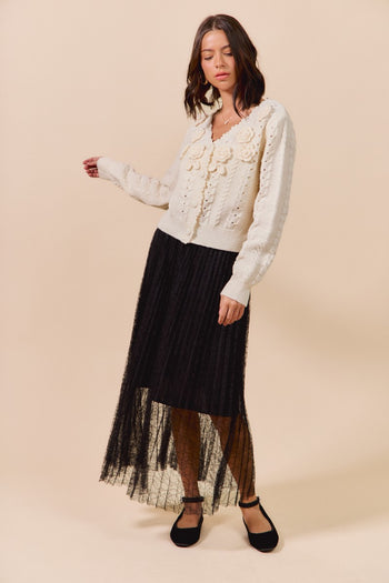 So Me Textured Flower Applique Knit Cardigan in Cream