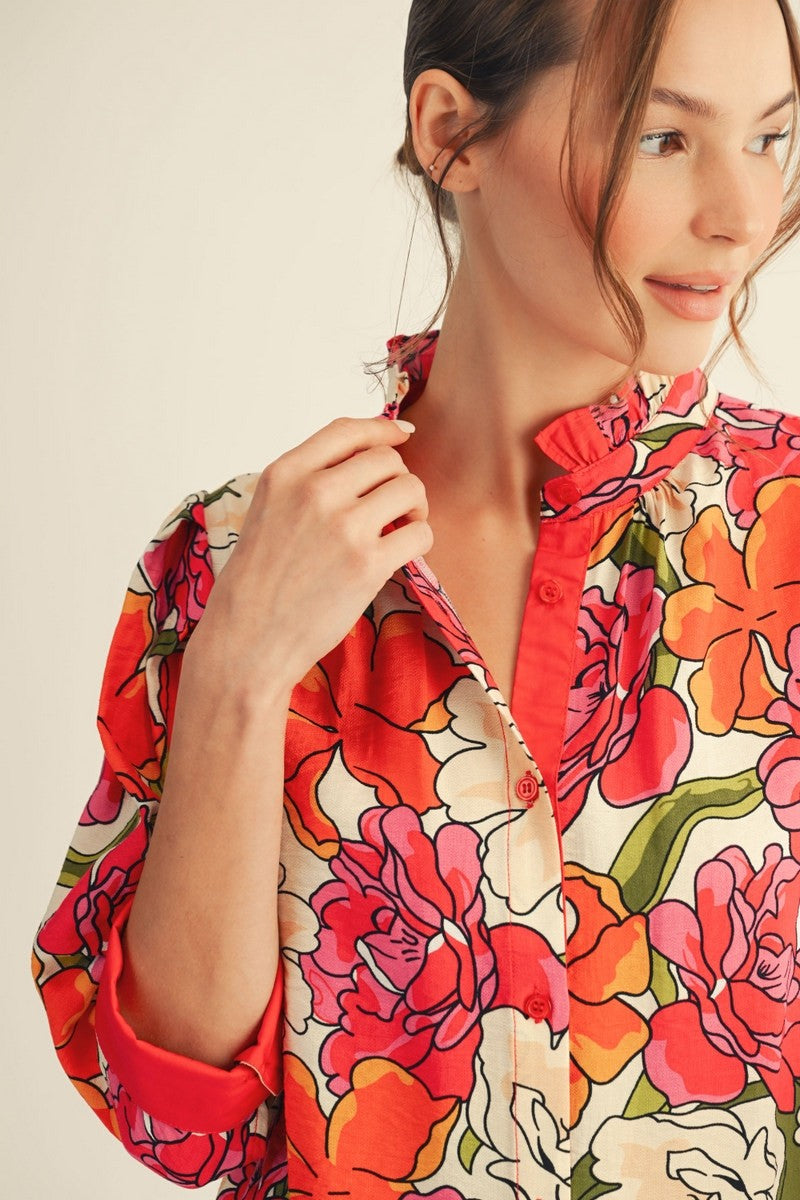 Jodifl Bold Floral Top with Contrasting Solid Accents in Red