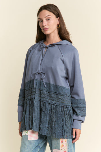 J.nna Mixed Fabric Lace Trim Hooded Jacket in Dust Blue