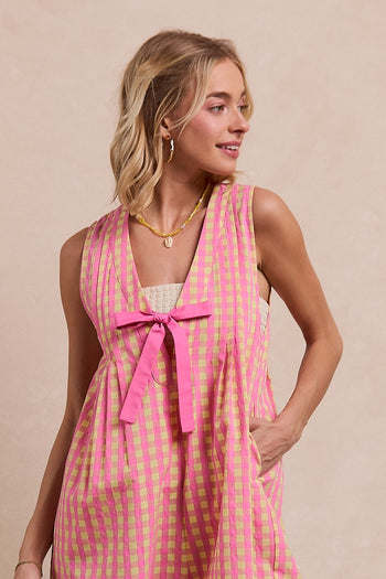 BiBi Contrasting Color Gingham Print Romper in Pink
