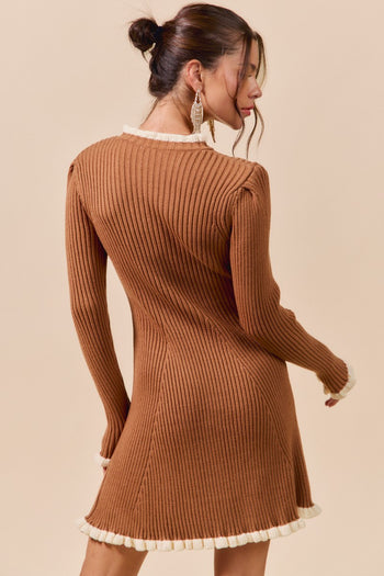 So Me FITTED Ribbed Sweater Mini Dress in Caramel