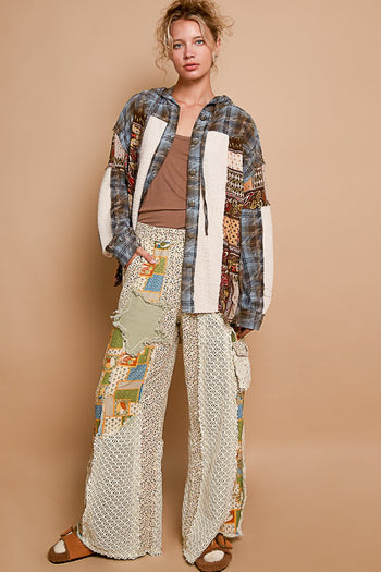 POL Mixed Print Hooded Button Down Top in Choco Multi
