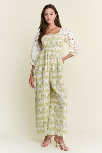 J.nna Lace Sleeve Smocked Bodice Jumpsuit in Green