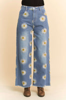 Davi & Dani Wide Leg Jeans with Daisy Flower Stitching in Blue Denim