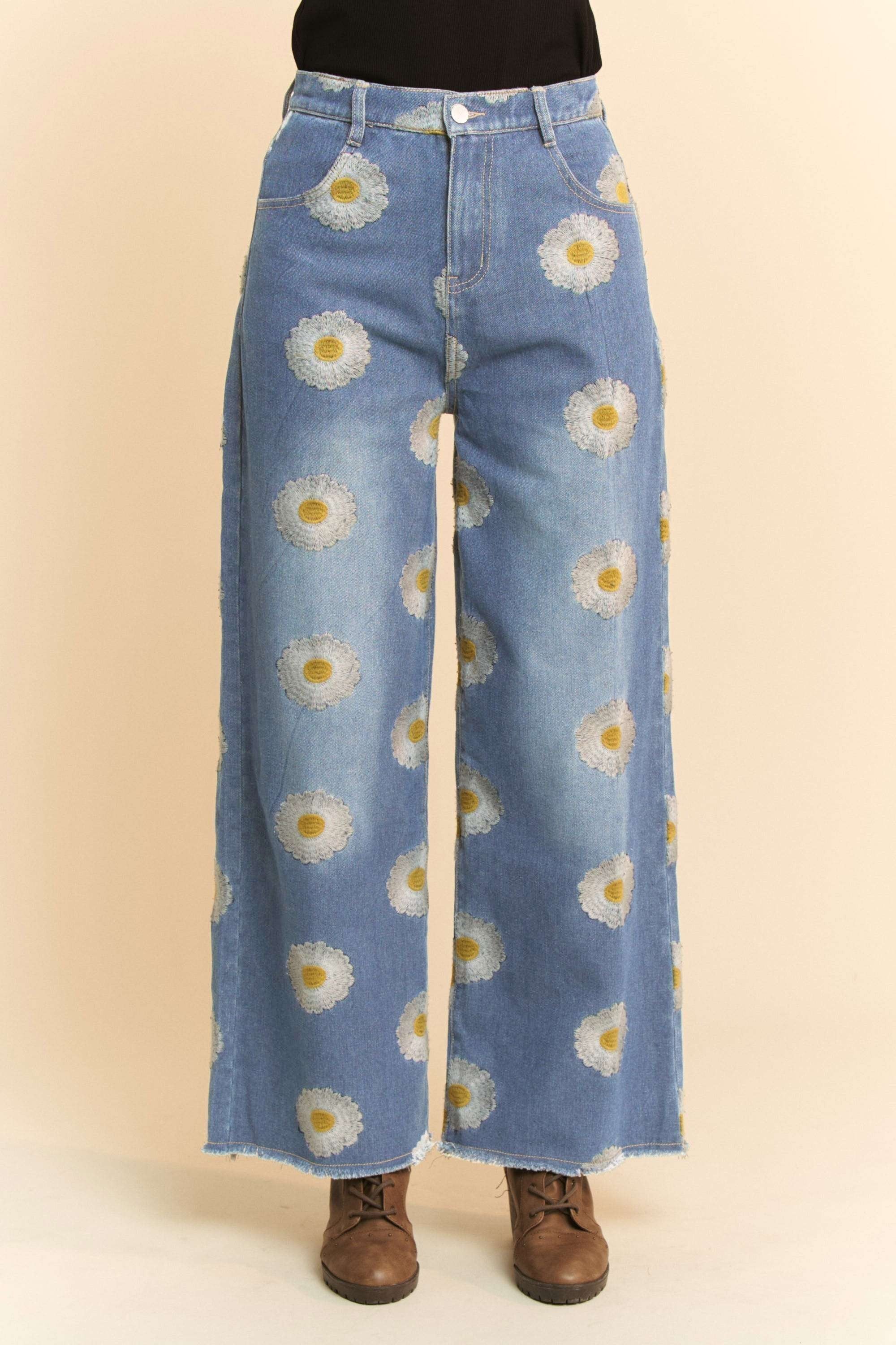 Davi & Dani Wide Leg Jeans with Daisy Flower Stitching in Blue