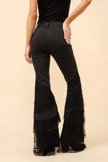 Blue B Denim Jeans with Tiered Lace Flare Legs in Black