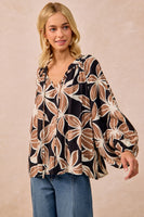 BiBi Bold Floral Print Exaggerated Balloon Sleeve Top in Black/Mocha