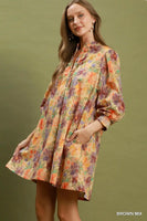 Umgee Mix Floral Print Smocked Cuff Mini Dress in Brown Mix